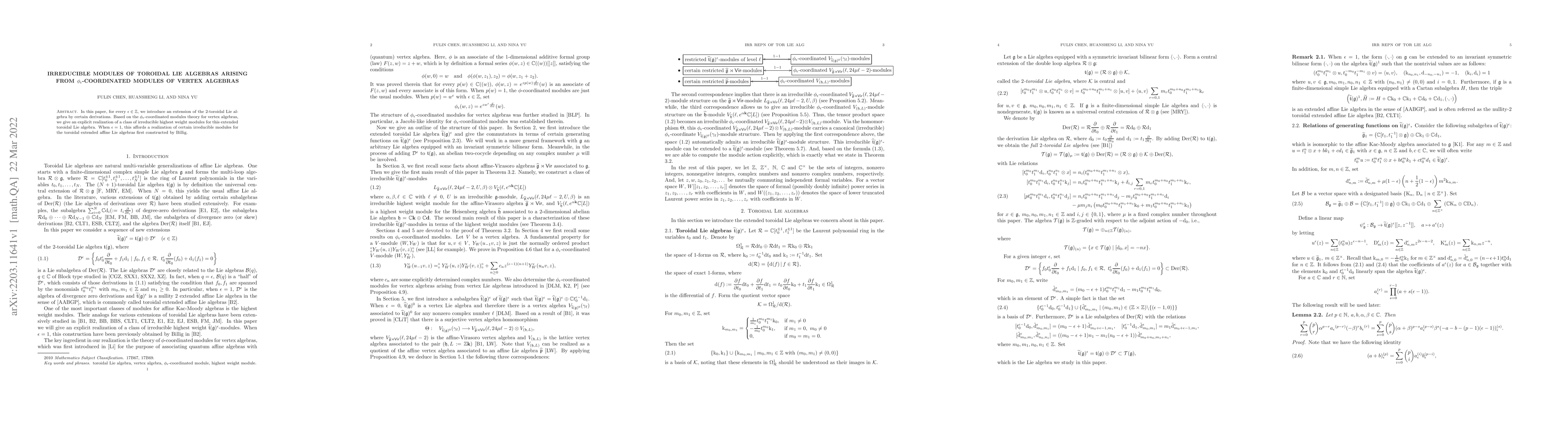 Thumbnail for Irreducible modules of toroidal Lie algebras arising from
  $\phi_\epsilon$-coordinated modules of vertex algebras
