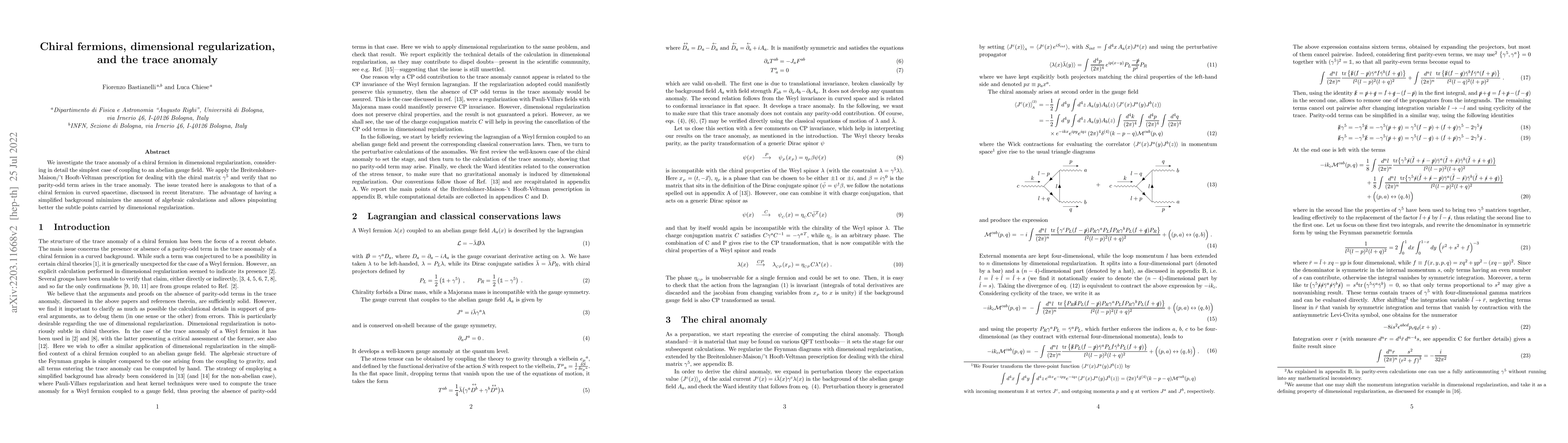 Thumbnail for Chiral fermions, dimensional regularization, and the trace anomaly