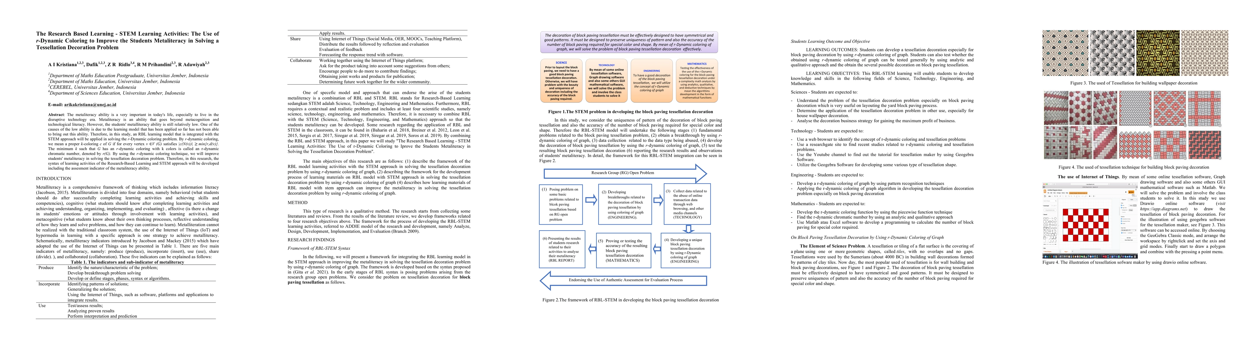 Thumbnail for The Research Based Learning -- STEM Learning Activities: The Use of
  r-Dynamic Coloring to Improve the Students Metaliteracy in Solving a
  Tessellation Decoration Problem