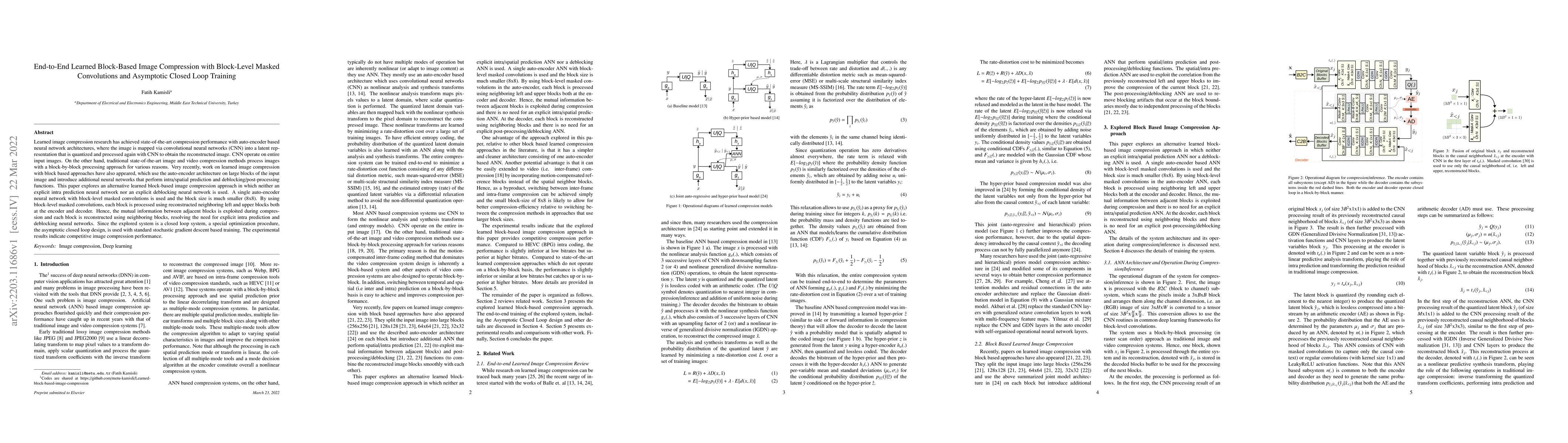 Thumbnail for End-to-End Learned Block-Based Image Compression with Block-Level Masked
  Convolutions and Asymptotic Closed Loop Training