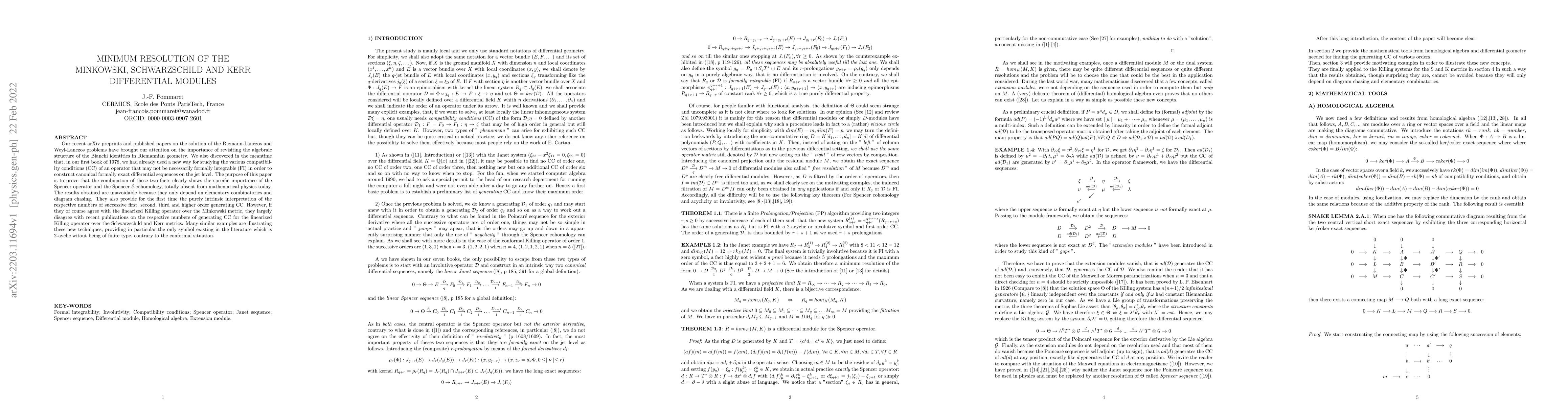 Thumbnail for Minimum Resolution of the Minkowski, Schwarzschild and Kerr Differential
  Modules