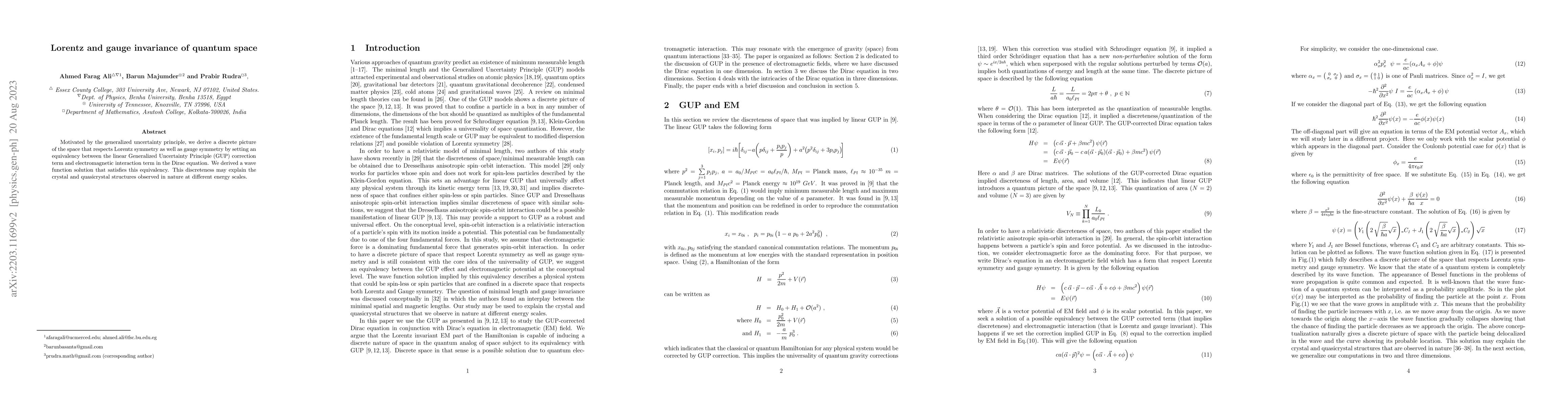 Thumbnail for Lorentz and gauge invariance of quantum space