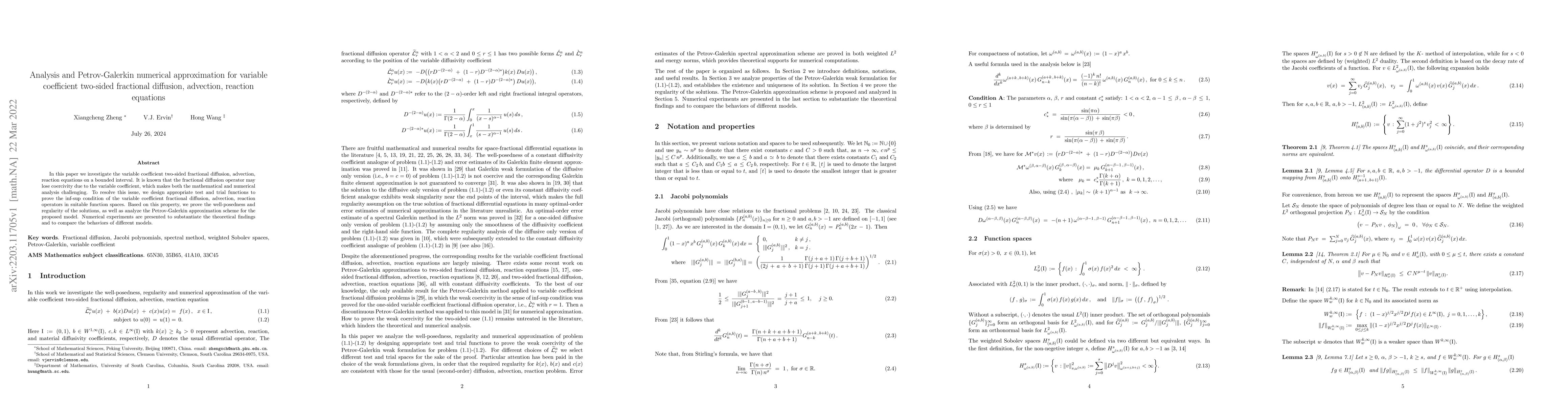 Thumbnail for Analysis and Petrov-Galerkin numerical approximation for variable
  coefficient two-sided fractional diffusion, advection, reaction equations