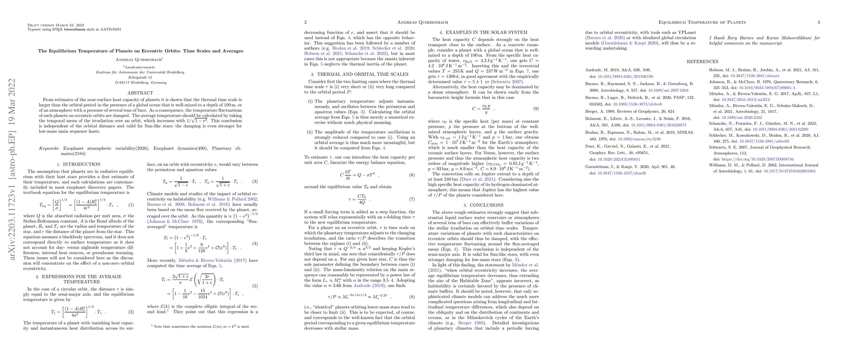 Thumbnail for The Equilibrium Temperature of Planets on Eccentric Orbits: Time Scales
  and Averages