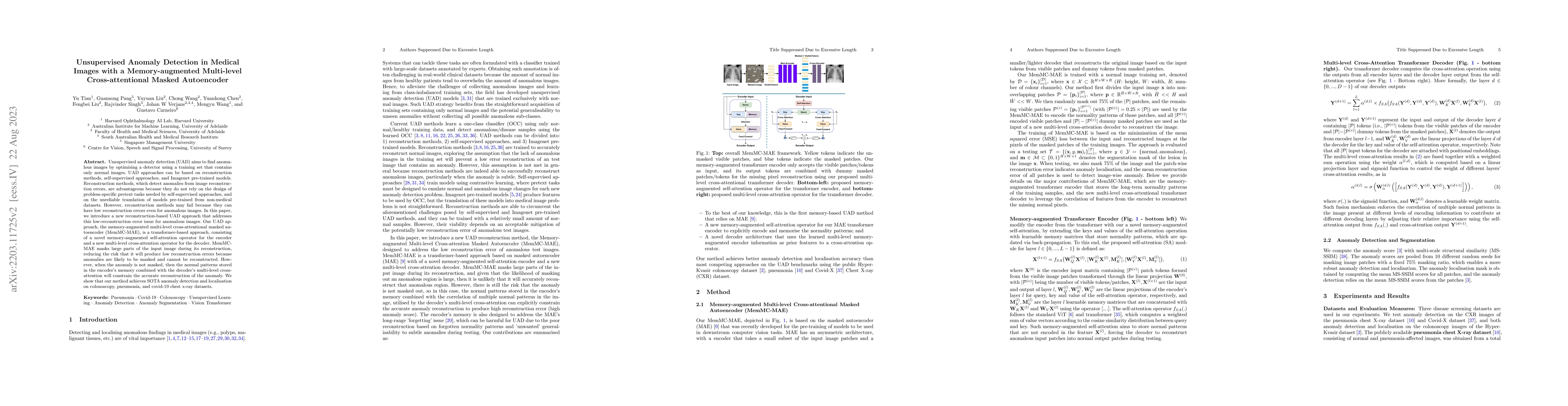 Thumbnail for Unsupervised Anomaly Detection in Medical Images with a Memory-augmented
  Multi-level Cross-attentional Masked Autoencoder