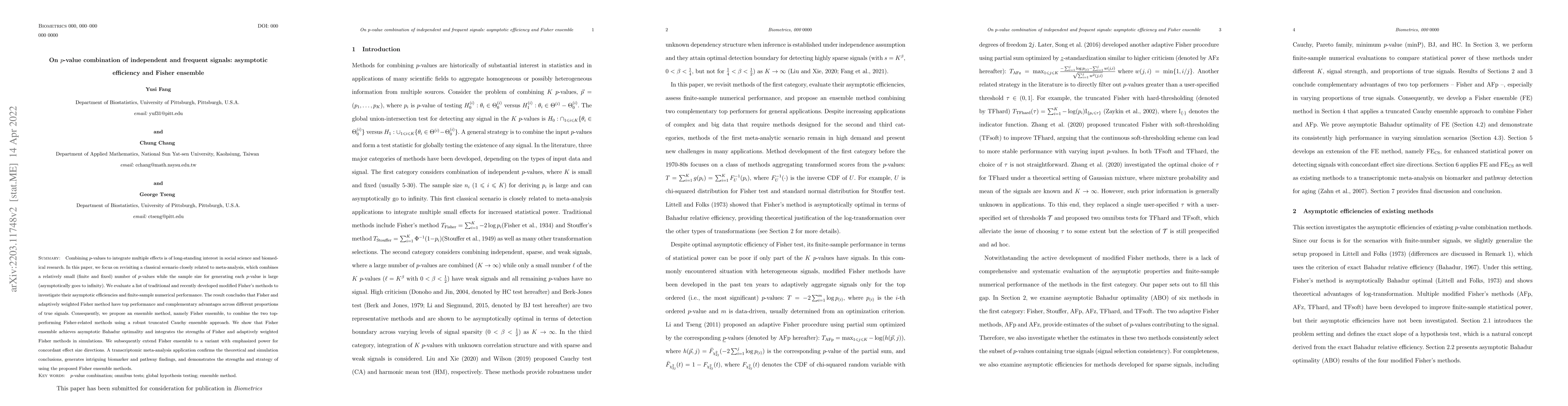 Thumbnail for On p-value combination of independent and frequent signals: asymptotic
  efficiency and Fisher ensemble