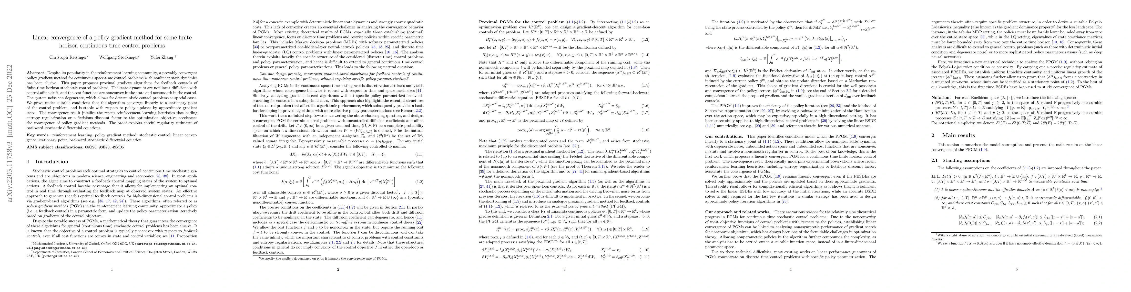 Thumbnail for Linear convergence of a policy gradient method for some finite horizon
  continuous time control problems