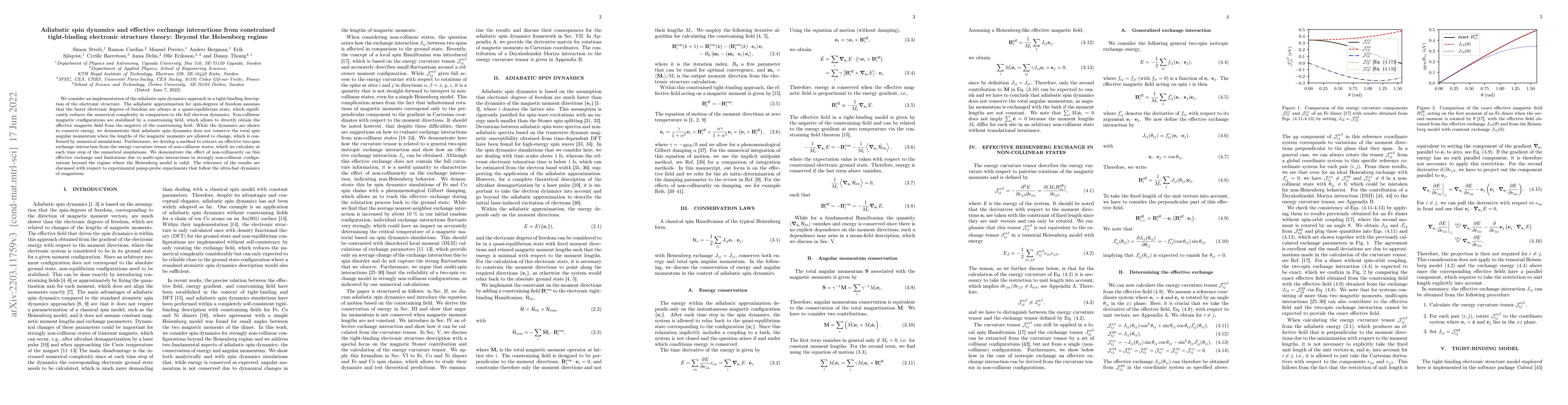 Thumbnail for Adiabatic spin dynamics and effective exchange interactions from
  constrained tight-binding electronic structure theory: Beyond the Heisenberg
  regime
