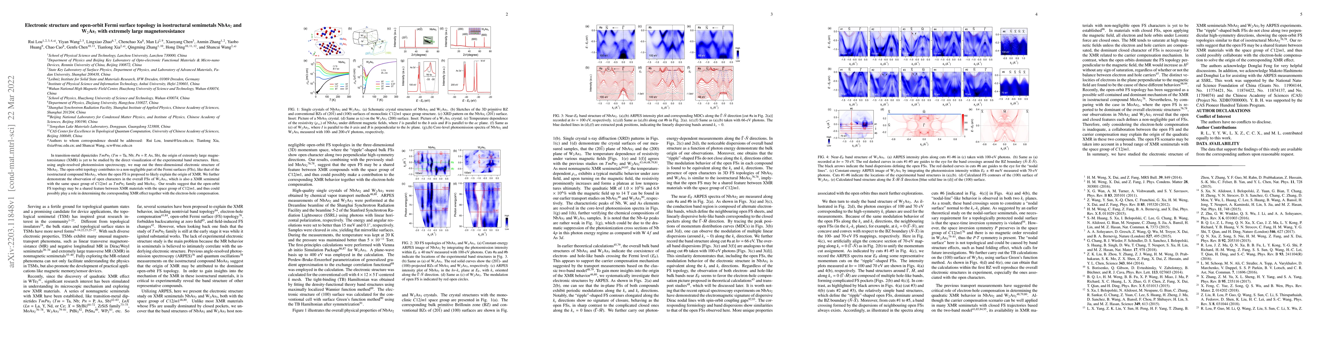 Thumbnail for Electronic structure and open-orbit Fermi surface topology in
  isostructural semimetals NbAs$_2$ and W$_2$As$_3$ with extremely large
  magnetoresistance