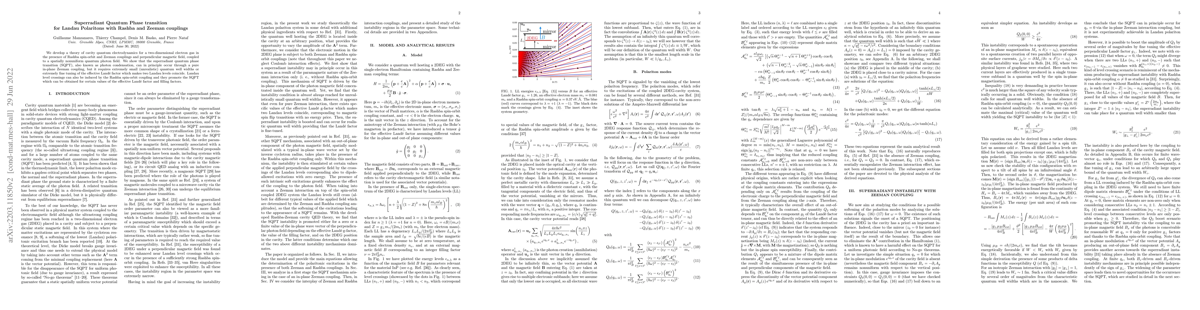 Thumbnail for Superradiant Quantum Phase transition for Landau Polaritons with Rashba
  and Zeeman couplings