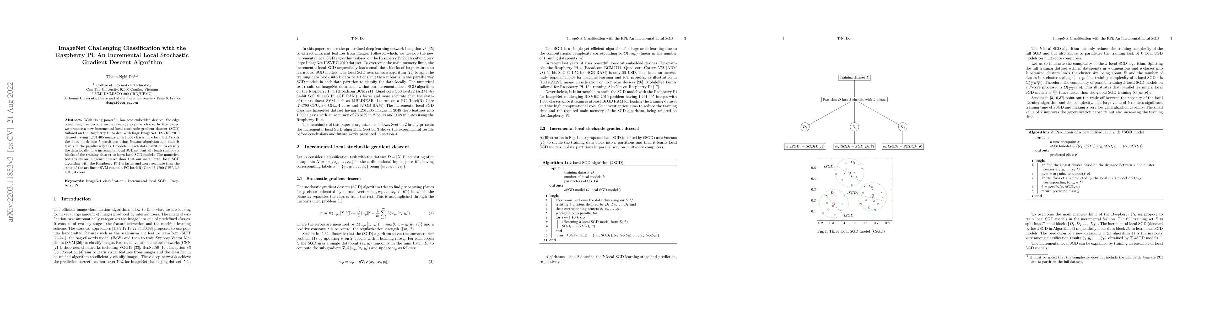 Thumbnail for ImageNet Challenging Classification with the Raspberry Pi: An
  Incremental Local Stochastic Gradient Descent Algorithm