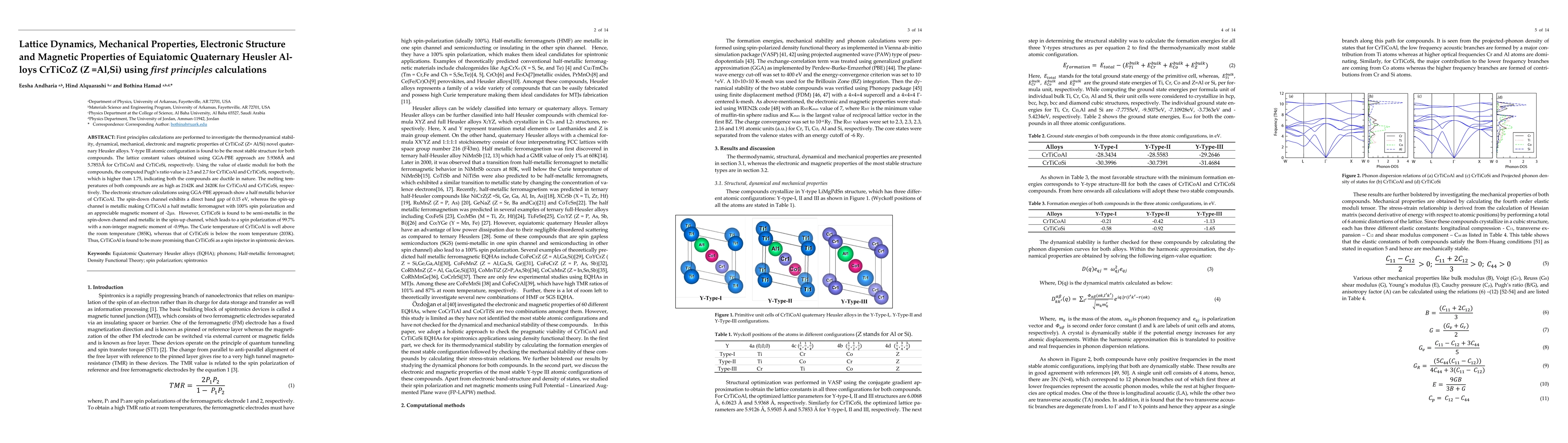 Thumbnail for Lattice Dynamics, Mechanical Properties, Electronic Structure and
  Magnetic Properties of Equiatomic Quaternary Heusler Alloys CrTiCoZ (Z
  =Al,Si) using first principles calculations