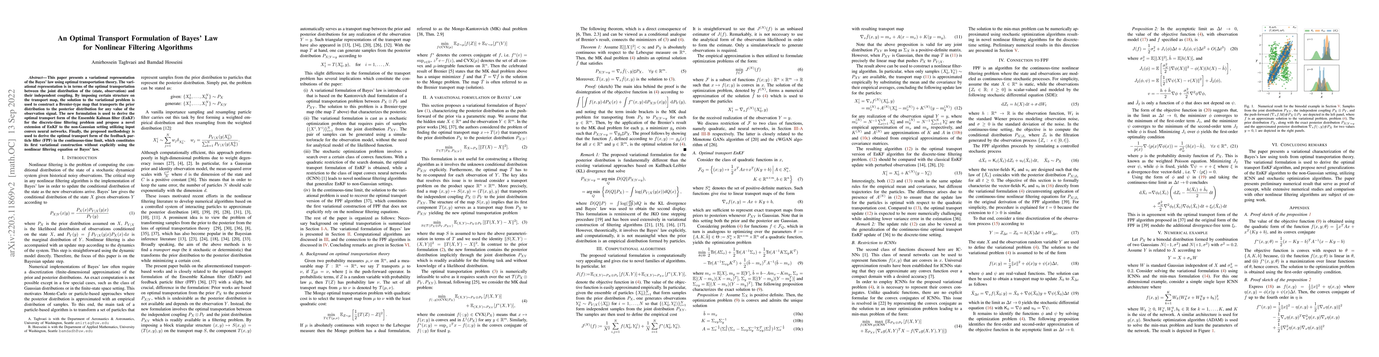 Thumbnail for An Optimal Transport Formulation of Bayes' Law for Nonlinear Filtering
  Algorithms