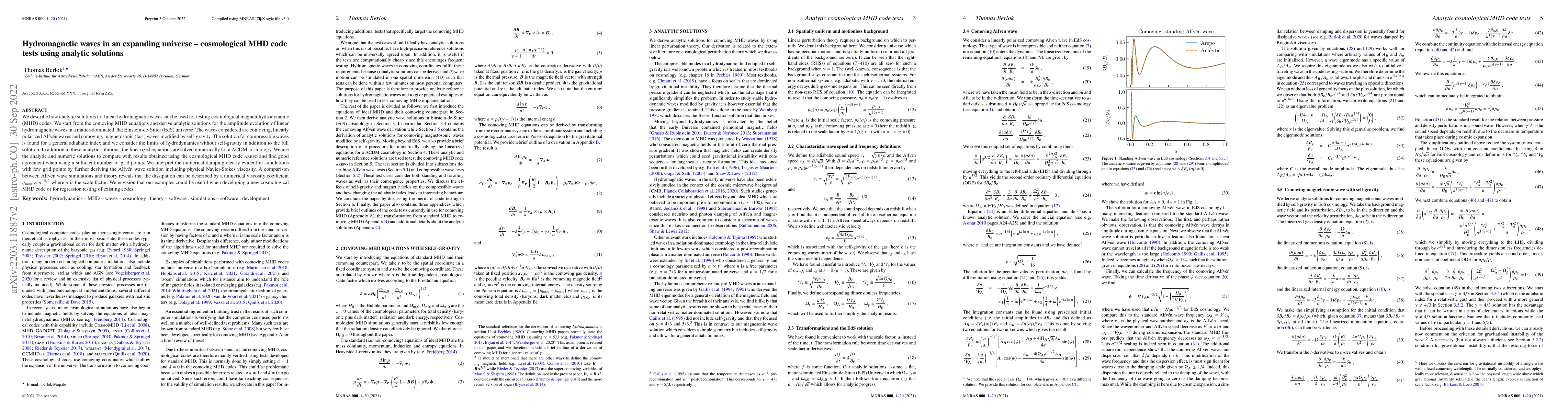Thumbnail for Hydromagnetic waves in an expanding universe -- cosmological MHD code
  tests using analytic solutions