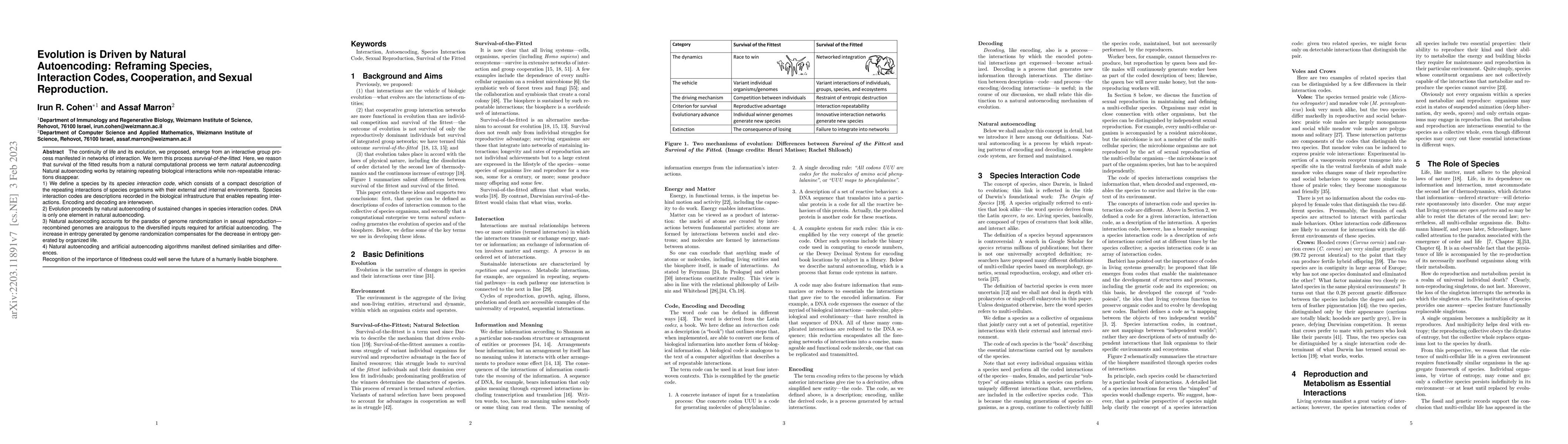 Thumbnail for Evolution is Driven by Natural Autoencoding: Reframing Species,
  Interaction Codes, Cooperation, and Sexual Reproduction
