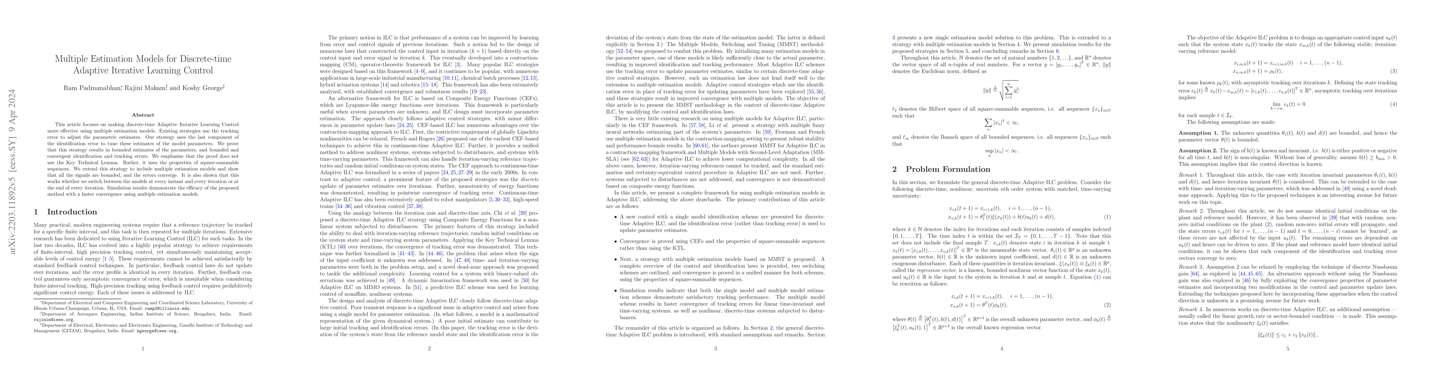 Thumbnail for Multiple Estimation Models for Discrete-time Adaptive Iterative Learning
  Control