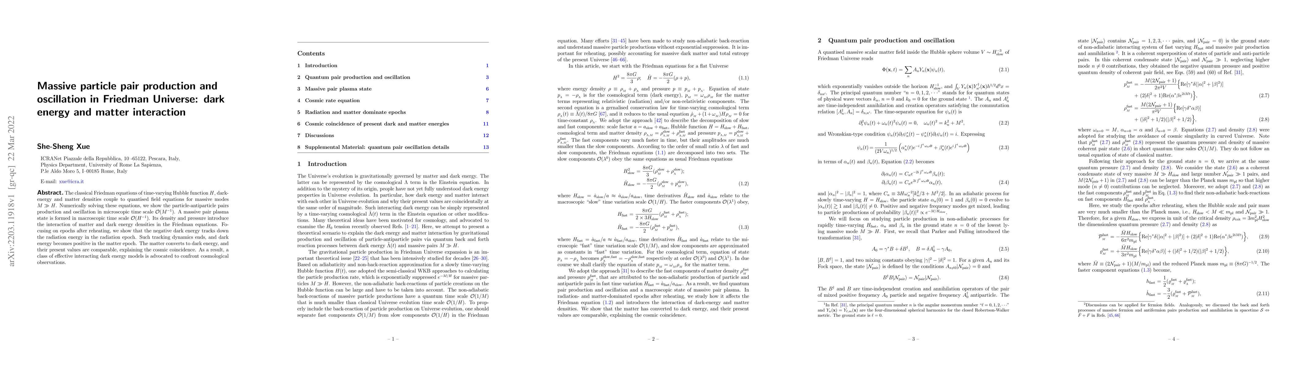 Thumbnail for Massive particle pair production and oscillation in Friedman Universe:
  dark energy and matter interaction
