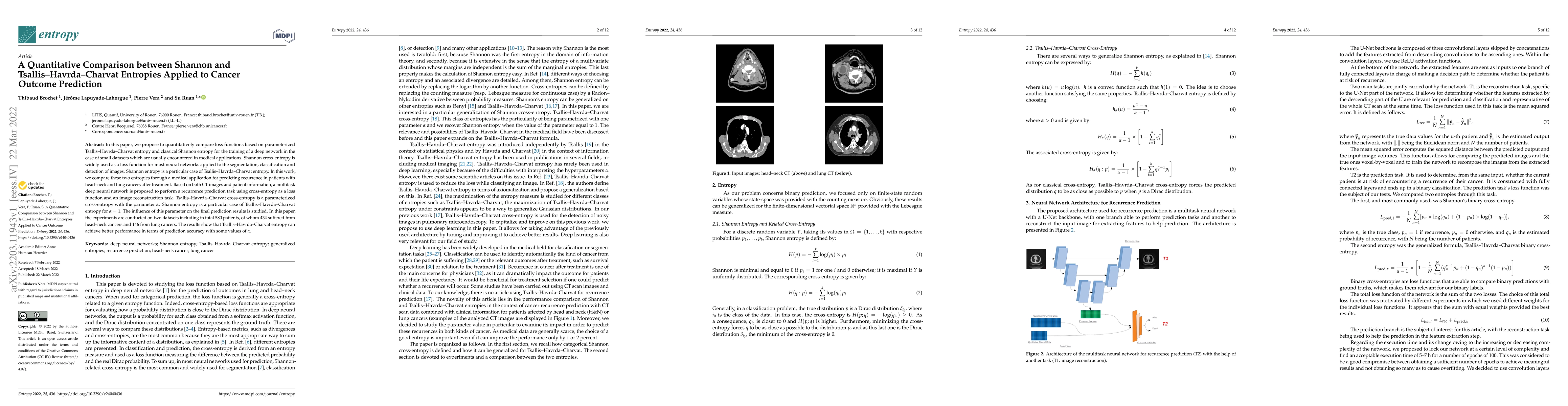 Thumbnail for A Quantitative Comparison between Shannon and Tsallis Havrda Charvat
  Entropies Applied to Cancer Outcome Prediction