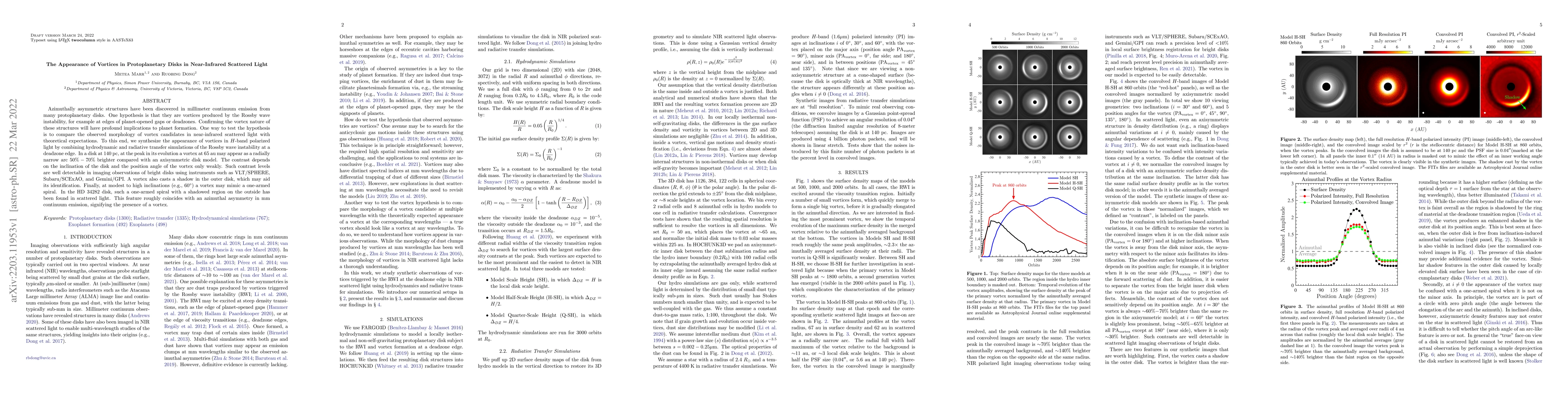Thumbnail for The Appearance of Vortices in Protoplanetary Disks in Near-Infrared
  Scattered Light