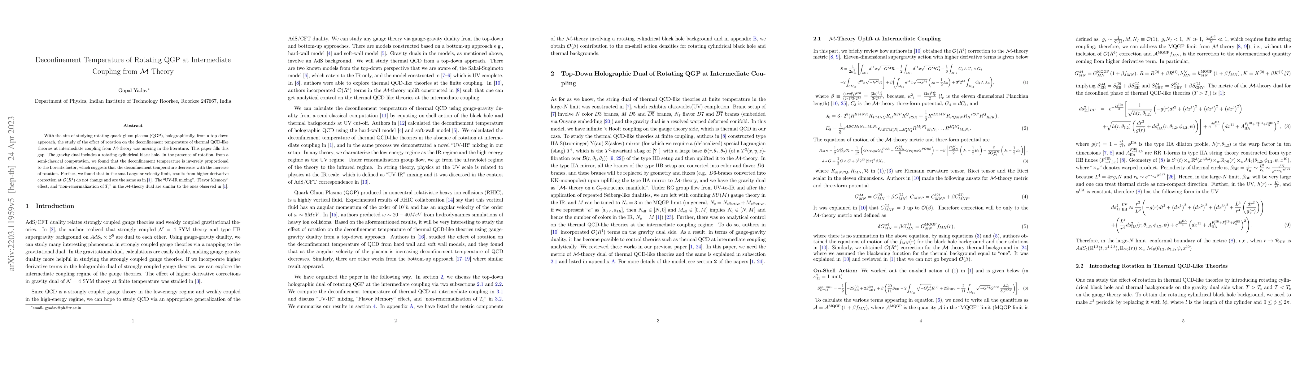 Thumbnail for Deconfinement Temperature of Rotating QGP at Intermediate Coupling from
  ${\cal M}$-Theory