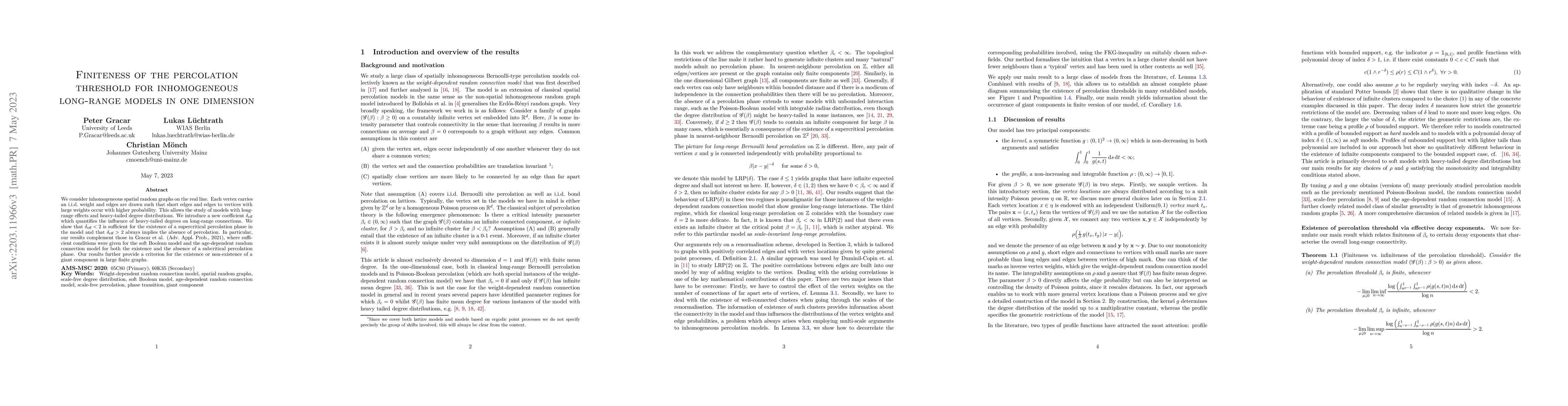 Thumbnail for Finiteness of the percolation threshold for inhomogeneous long-range
  models in one dimension