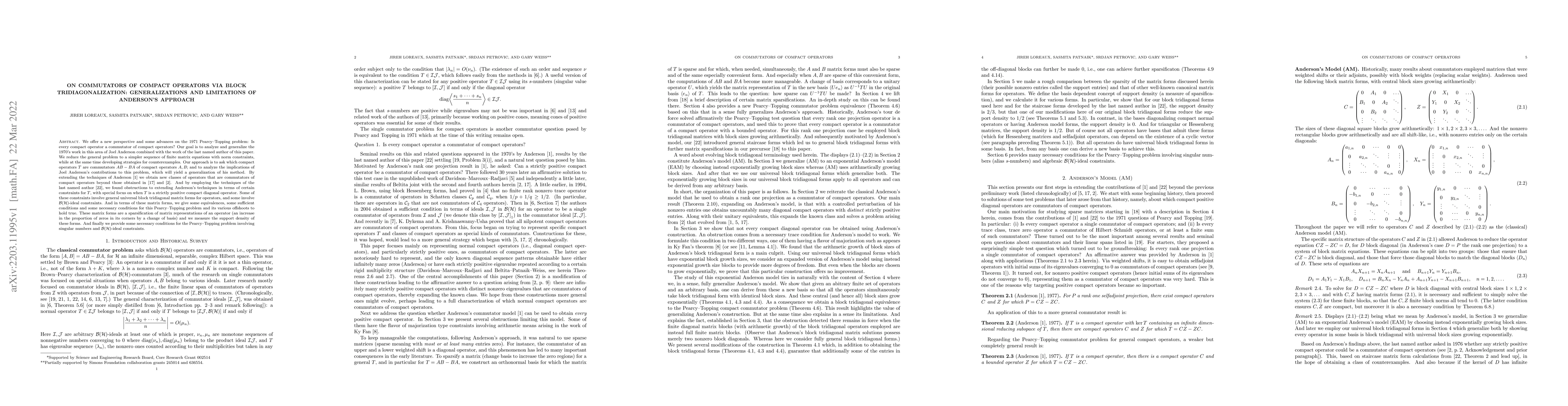 Thumbnail for On commutators of compact operators via block tridiagonalization:
  generalizations and limitations of Anderson's approach