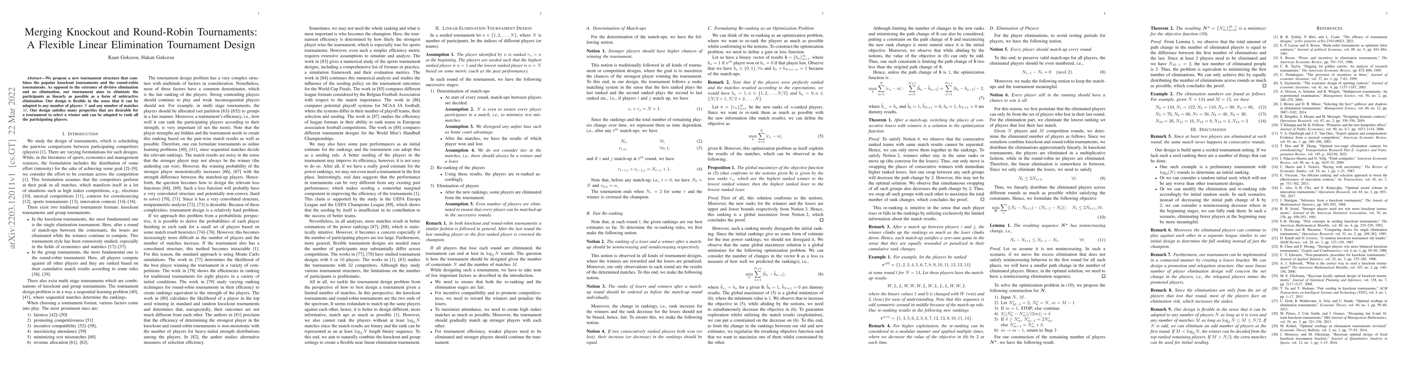 Thumbnail for Merging Knockout and Round-Robin Tournaments: A Flexible Linear
  Elimination Tournament Design