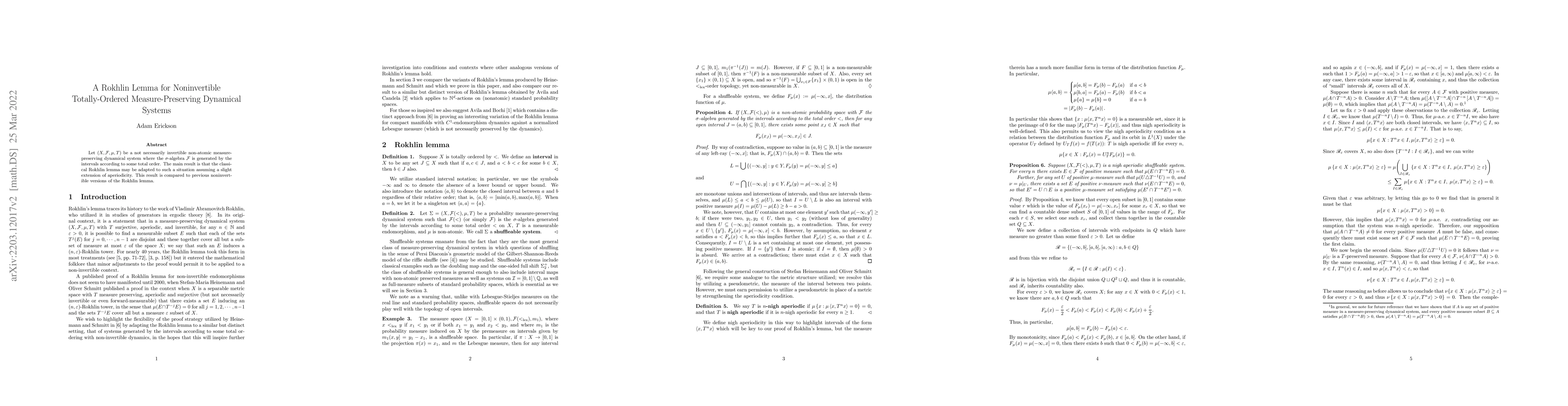 Thumbnail for A Rokhlin Lemma for Noninvertible Totally-Ordered Measure-Preserving
  Dynamical Systems