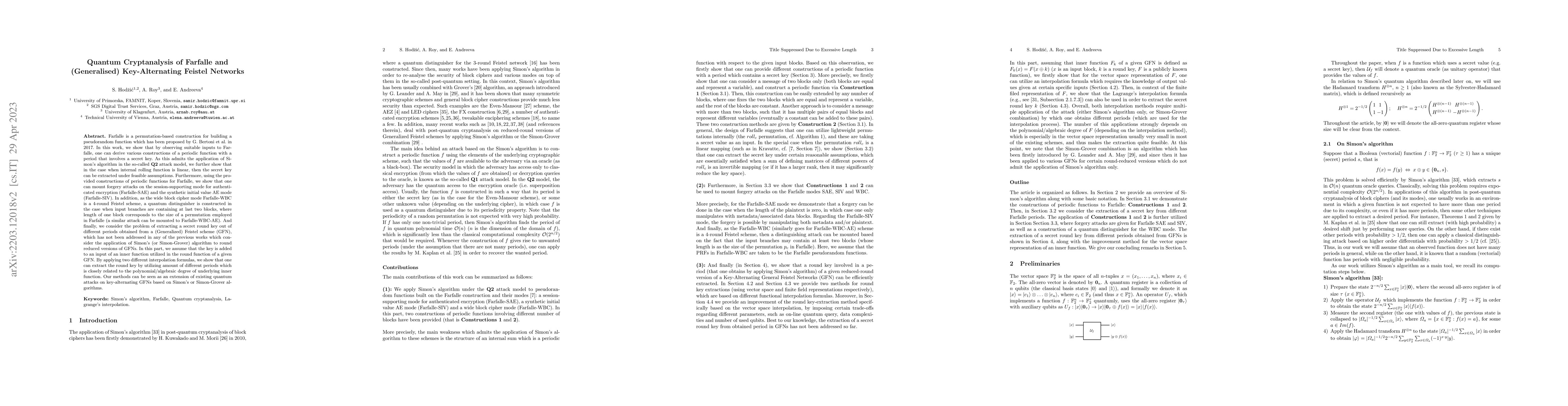 Thumbnail for Quantum Cryptanalysis of Farfalle and (Generalised) Key-Alternating
  Feistel Networks