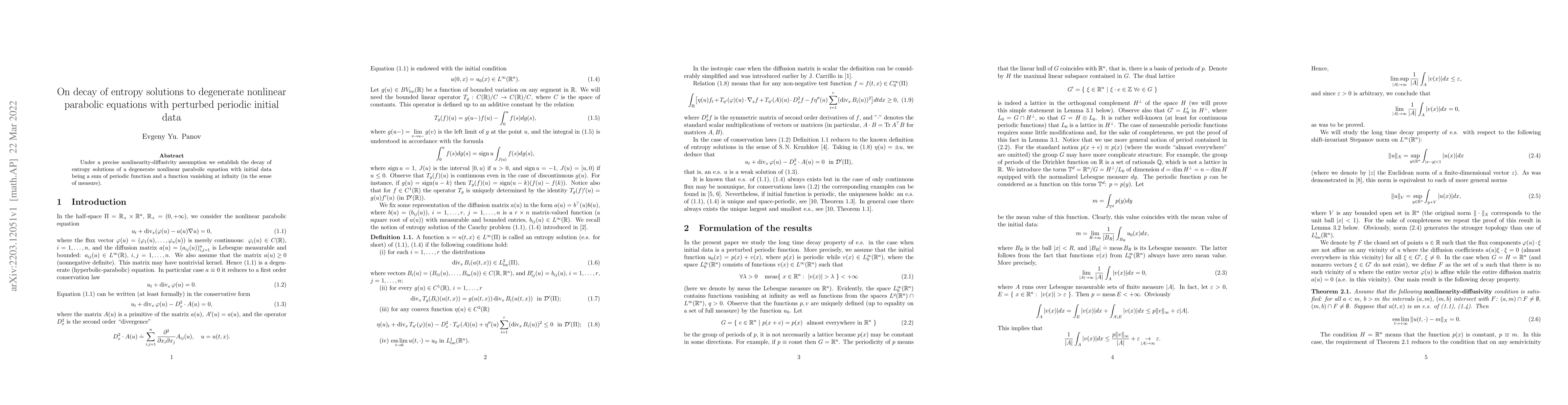 Thumbnail for On decay of entropy solutions to degenerate nonlinear parabolic
  equations with perturbed periodic initial data
