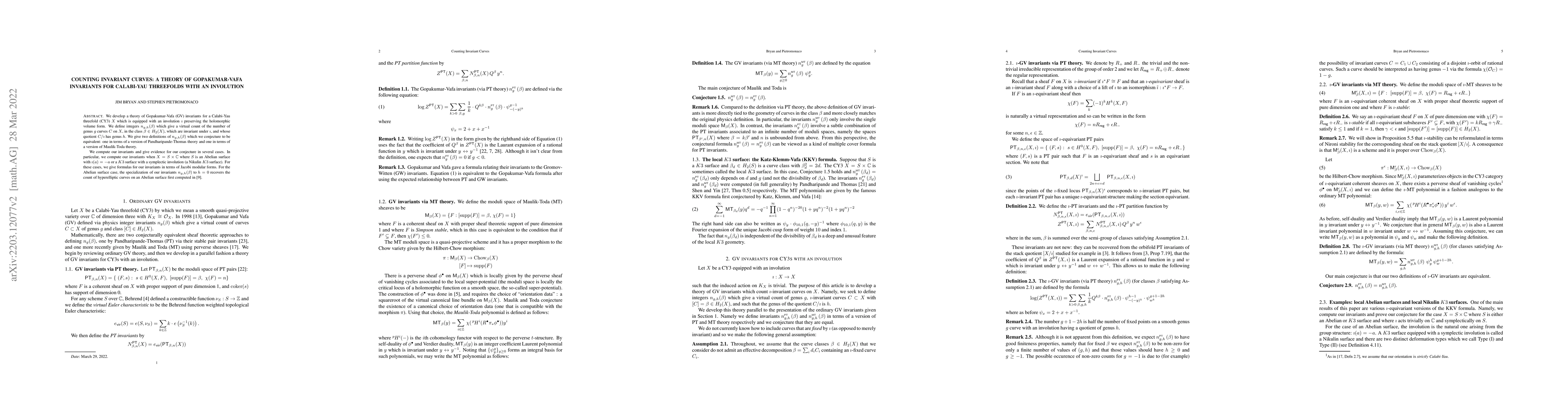Thumbnail for Counting Invariant Curves: a theory of Gopakumar-Vafa invariants for
  Calabi-Yau threefolds with an involution
