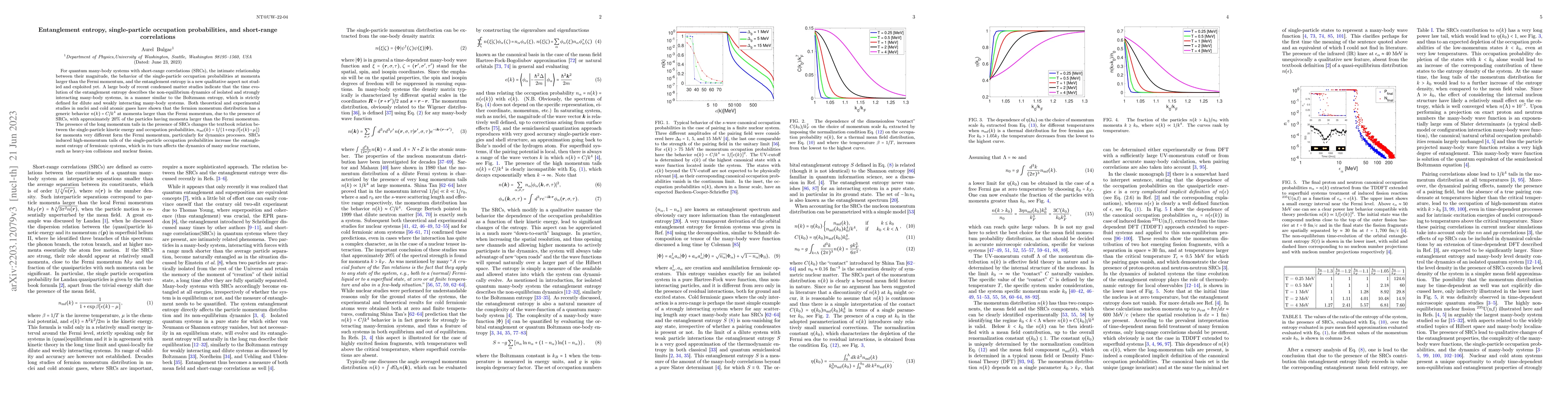Thumbnail for Entanglement entropy, single-particle occupation probabilities, and
  short-range correlations