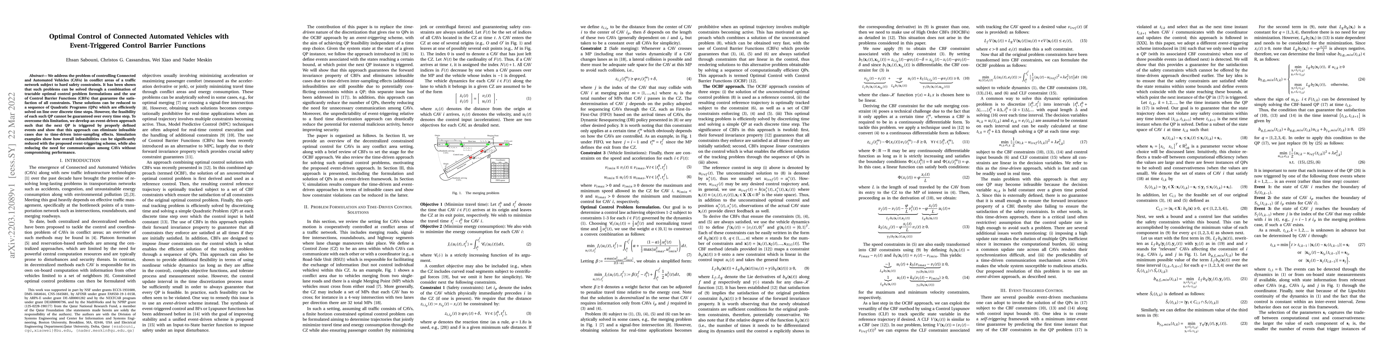 Thumbnail for Optimal Control of Connected Automated Vehicles with Event-Triggered
  Control Barrier Functions