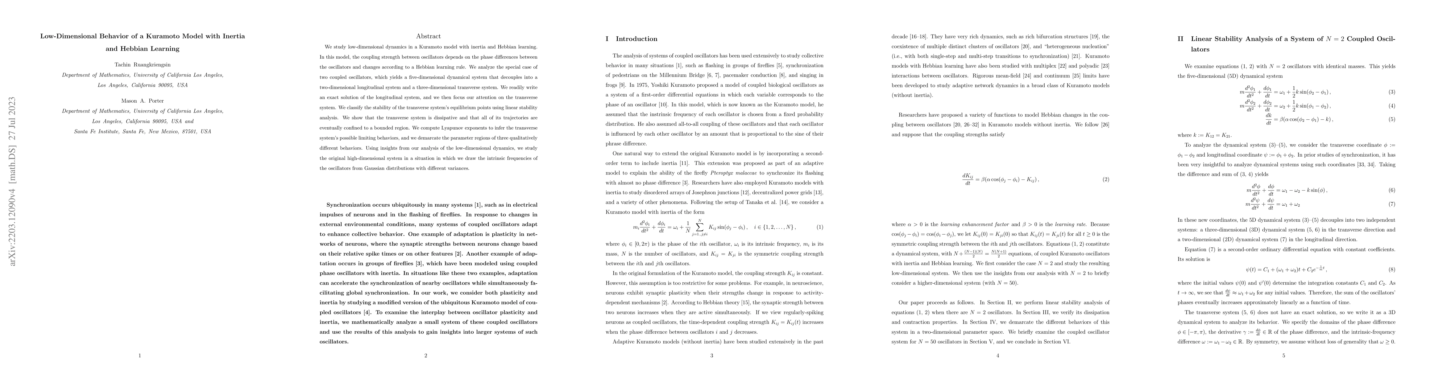 Thumbnail for Low-Dimensional Behavior of a Kuramoto Model with Inertia and Hebbian
  Learning