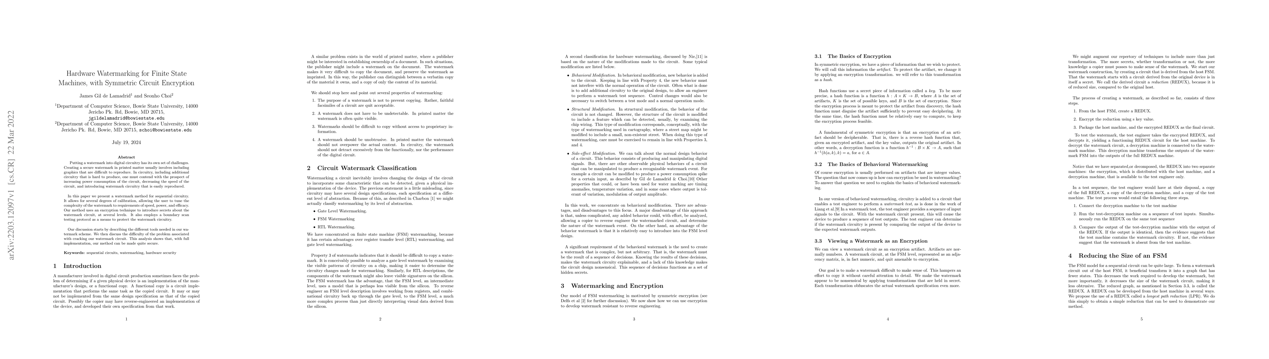 Thumbnail for Hardware Watermarking for Finite State Machines, with Symmetric Circuit
  Encryption