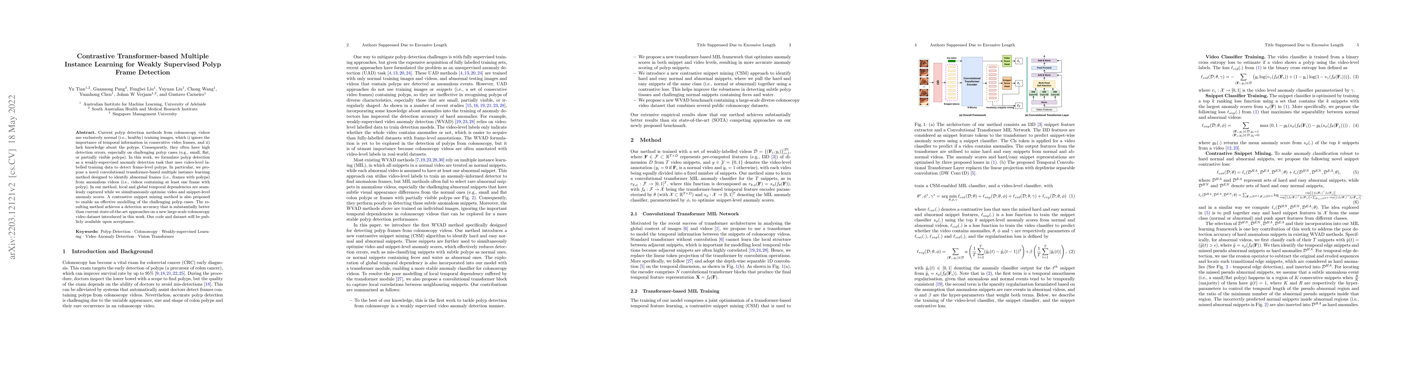 Thumbnail for Contrastive Transformer-based Multiple Instance Learning for Weakly
  Supervised Polyp Frame Detection