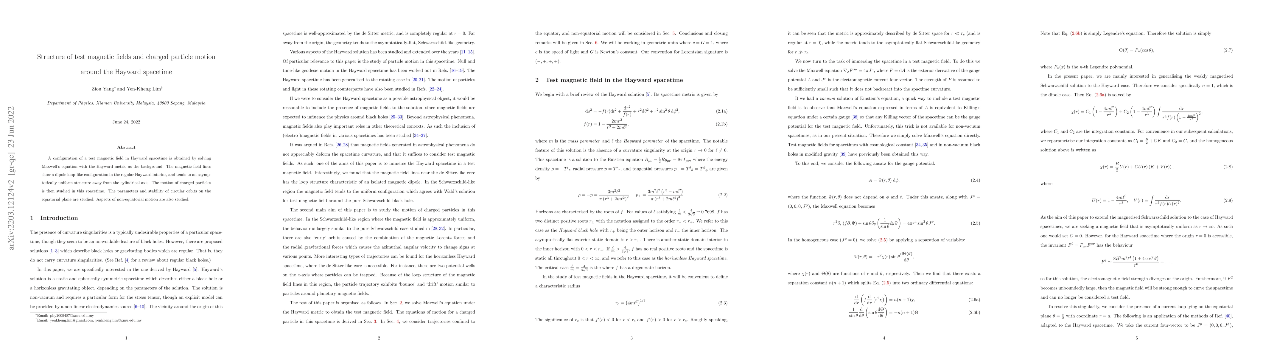Thumbnail for Structure of test magnetic fields and charged particle motion around the
  Hayward spacetime
