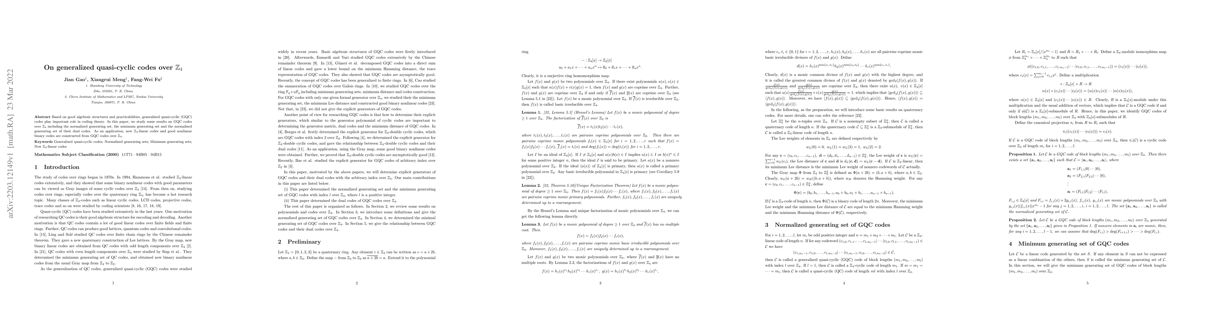 Thumbnail for On generalized quasi-cyclic codes over $\mathbb{Z}_4$