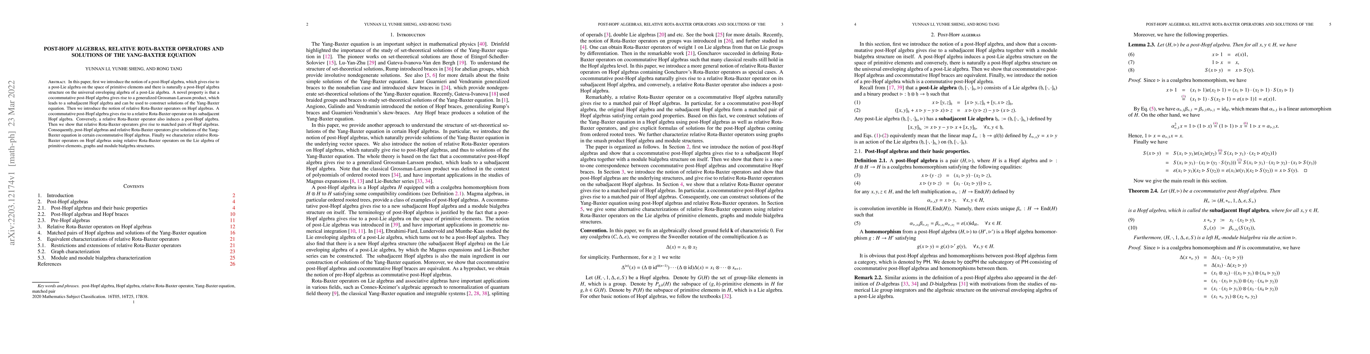 Thumbnail for Post-Hopf algebras, relative Rota-Baxter operators and solutions of the
  Yang-Baxter equation