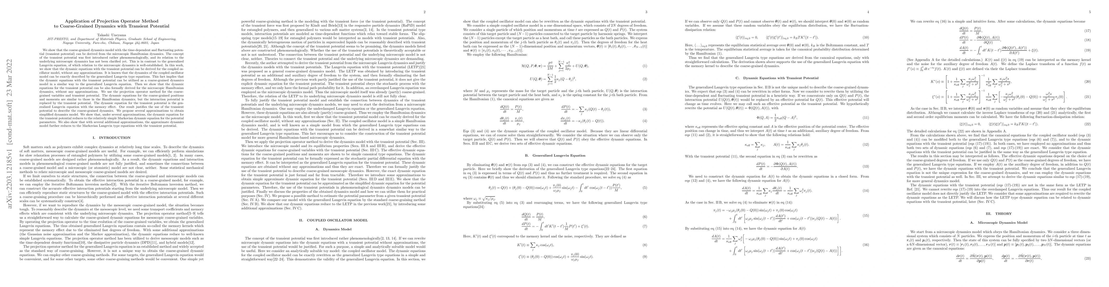 Thumbnail for Application of Projection Operator Method to Coarse-Grained Dynamics
  with Transient Potential