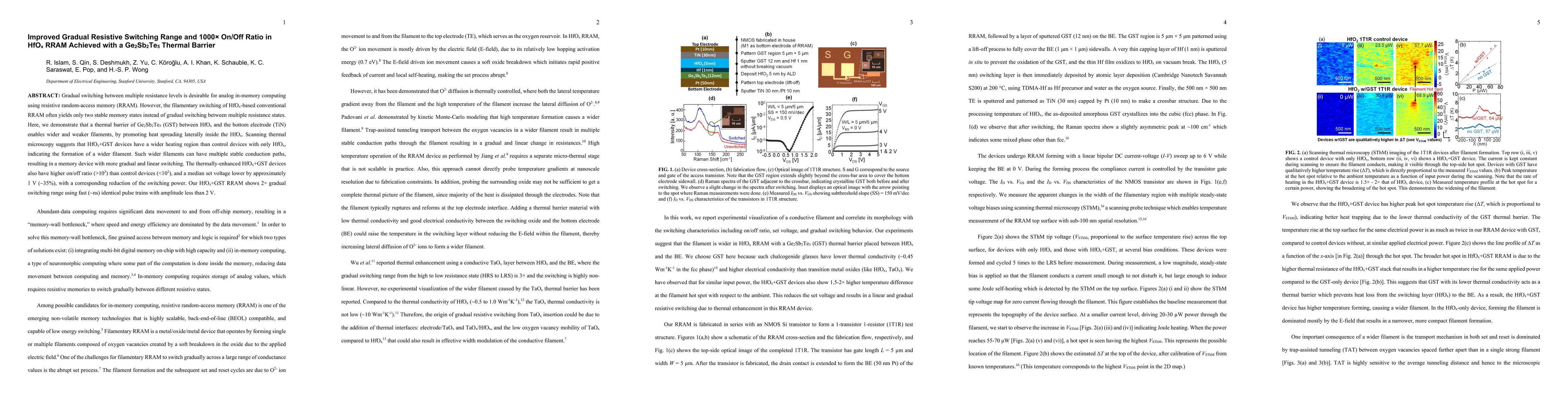Thumbnail for Improved Gradual Resistive Switching Range and 1000x On/Off Ratio in
  HfOx RRAM Achieved with a $Ge_2Sb_2Te_5$ Thermal Barrier
