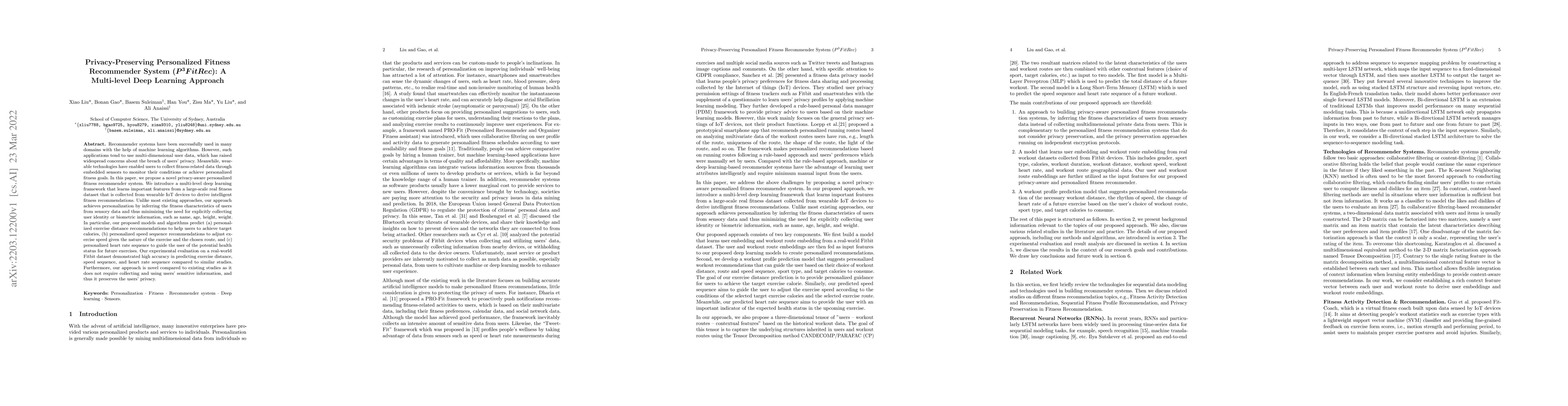 Thumbnail for Privacy-Preserving Personalized Fitness Recommender System (P3FitRec): A
  Multi-level Deep Learning Approach
