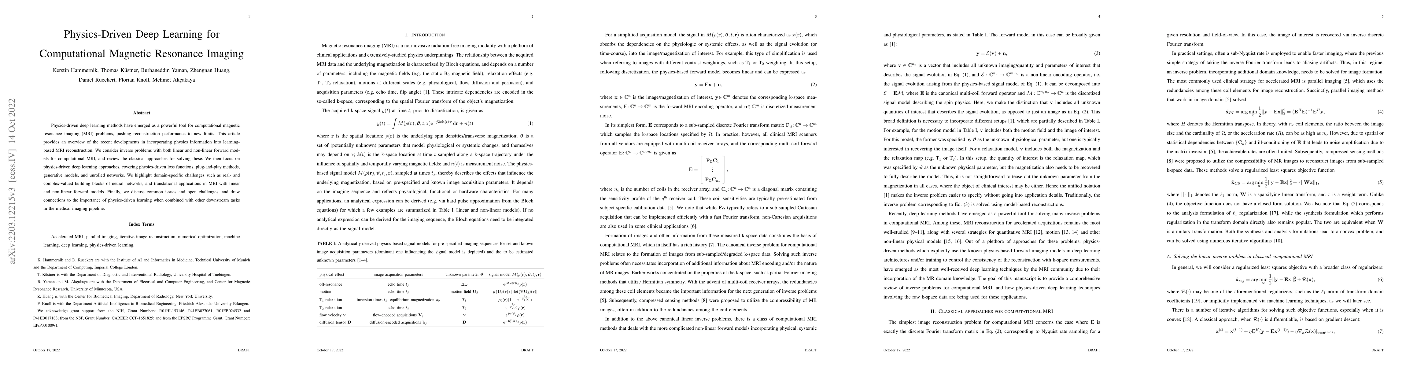 Thumbnail for Physics-Driven Deep Learning for Computational Magnetic Resonance
  Imaging