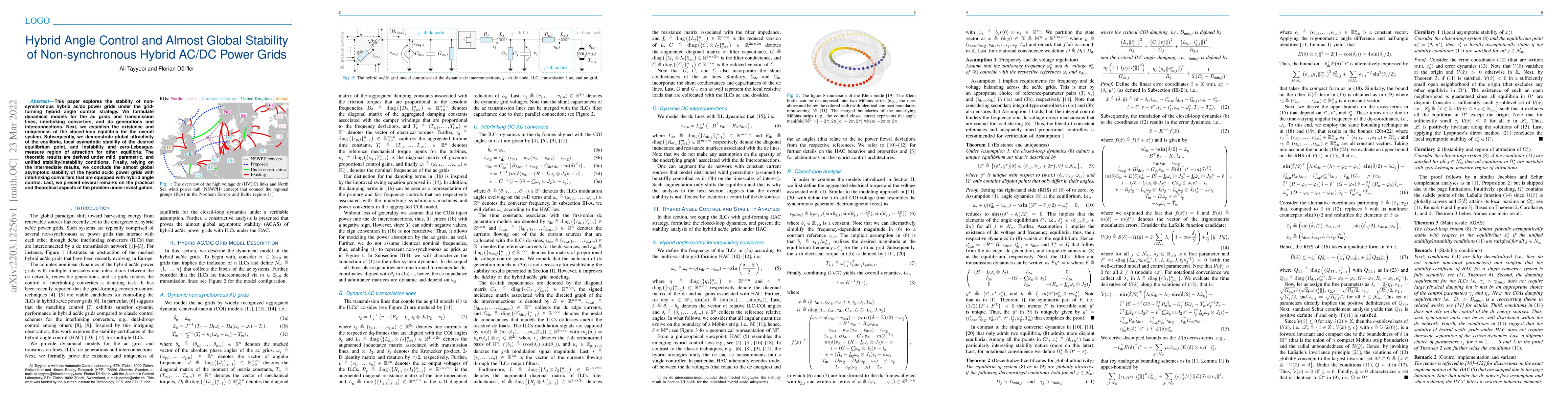 Thumbnail for Hybrid Angle Control and Almost Global Stability of Non-synchronous
  Hybrid AC/DC Power Grids