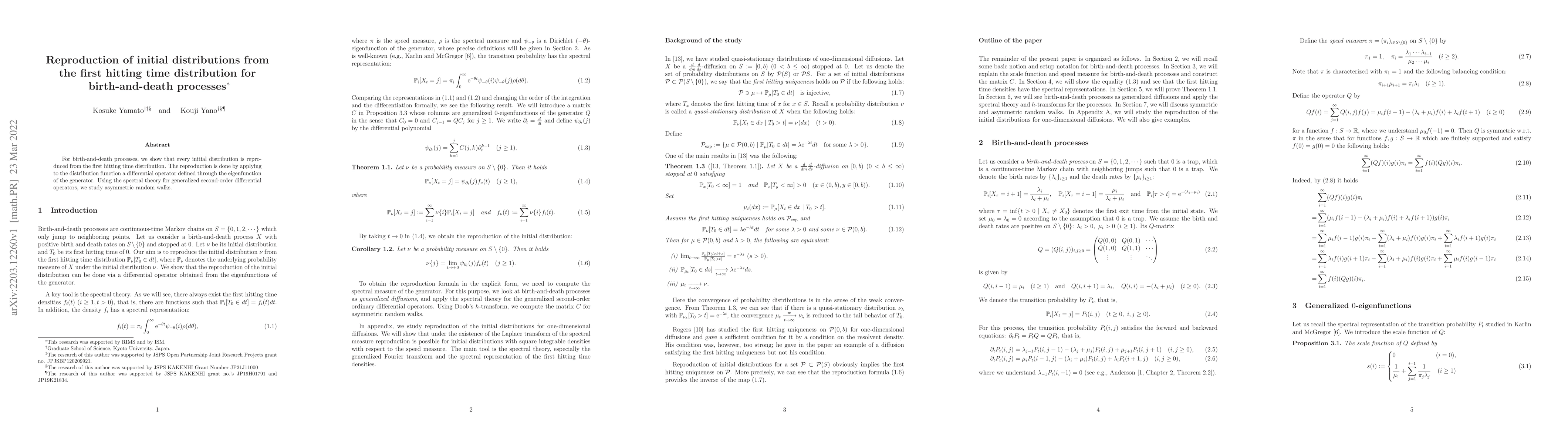 Thumbnail for Reproduction of initial distributions from the first hitting time
  distribution for birth-and-death processes