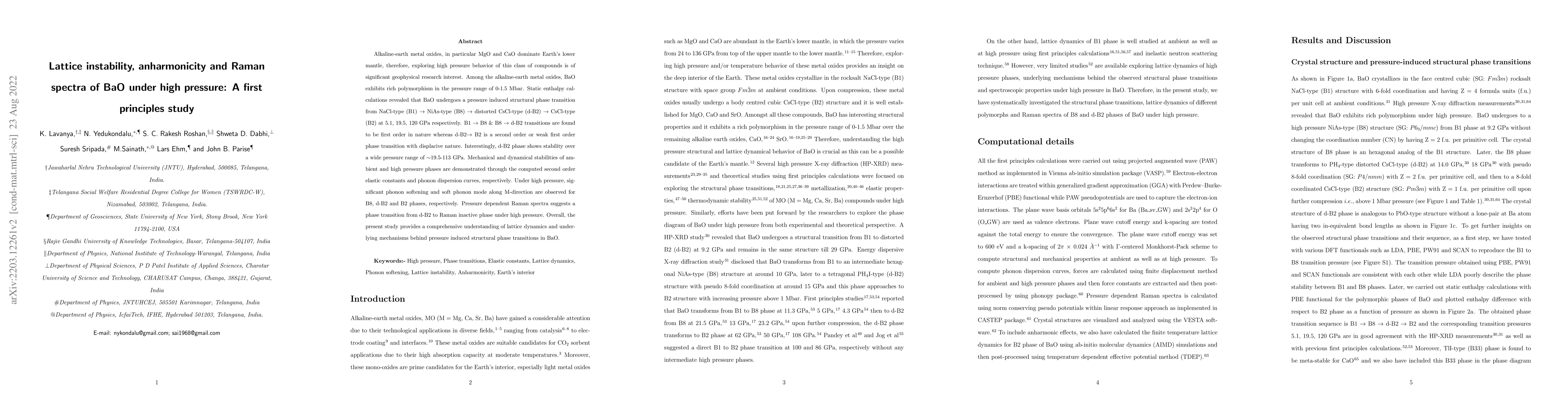 Thumbnail for Lattice instability, anharmonicity and Raman spectra of BaO under high
  pressure: A first principles study