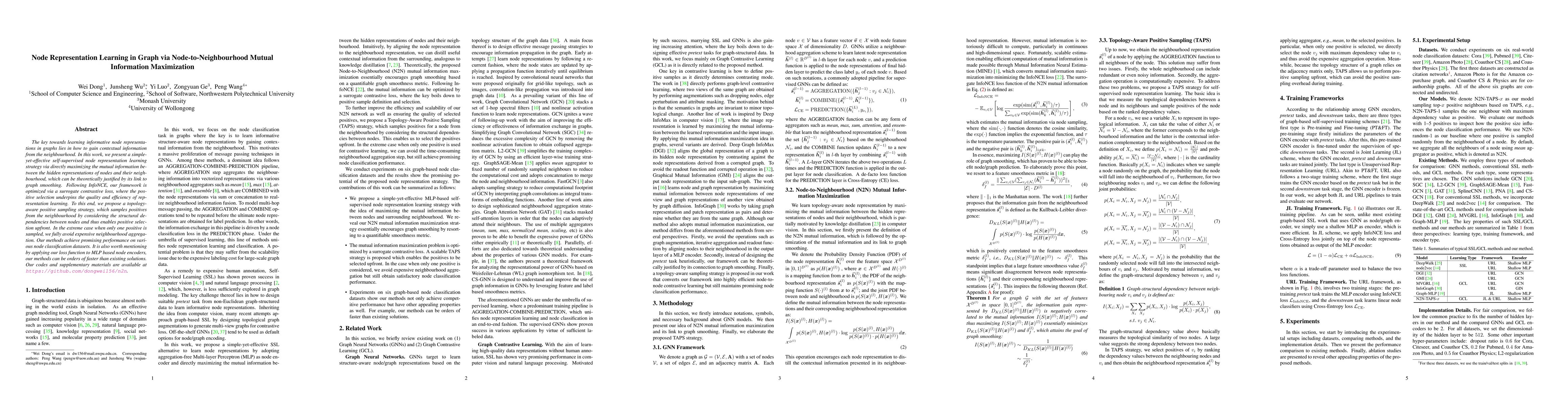 Thumbnail for Node Representation Learning in Graph via Node-to-Neighbourhood Mutual
  Information Maximization