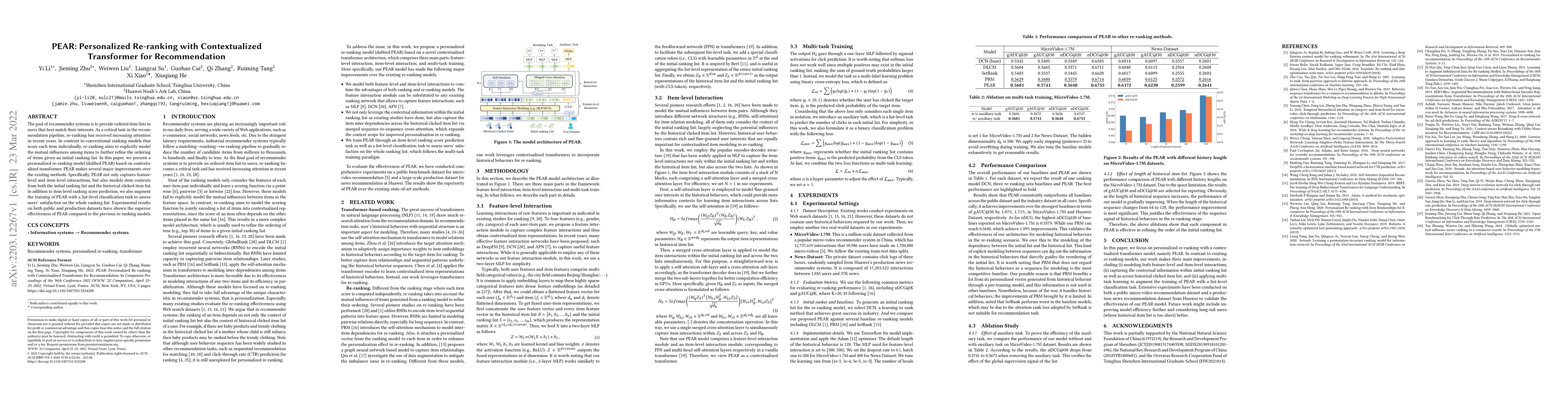 Thumbnail for PEAR: Personalized Re-ranking with Contextualized Transformer for
  Recommendation