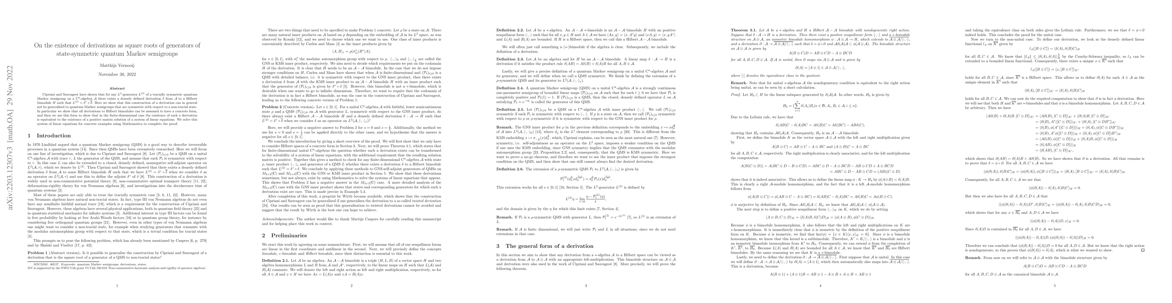 Thumbnail for On the existence of derivations as square roots of generators of
  state-symmetric quantum Markov semigroups