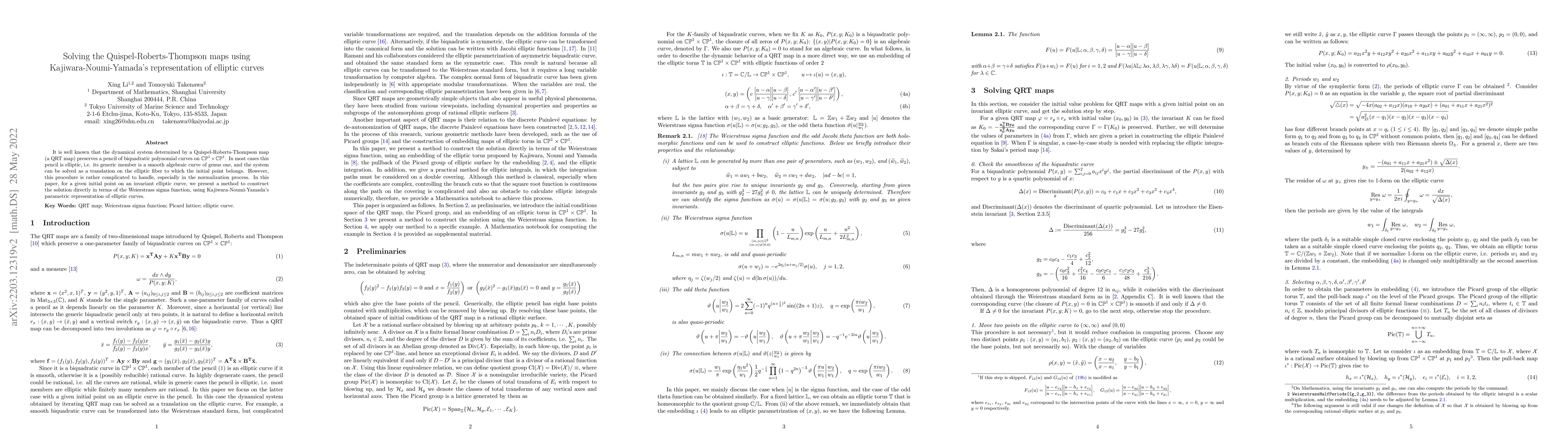 Thumbnail for Solving the Quispel-Roberts-Thompson maps using Kajiwara-Noumi-Yamada's
  representation of elliptic curves